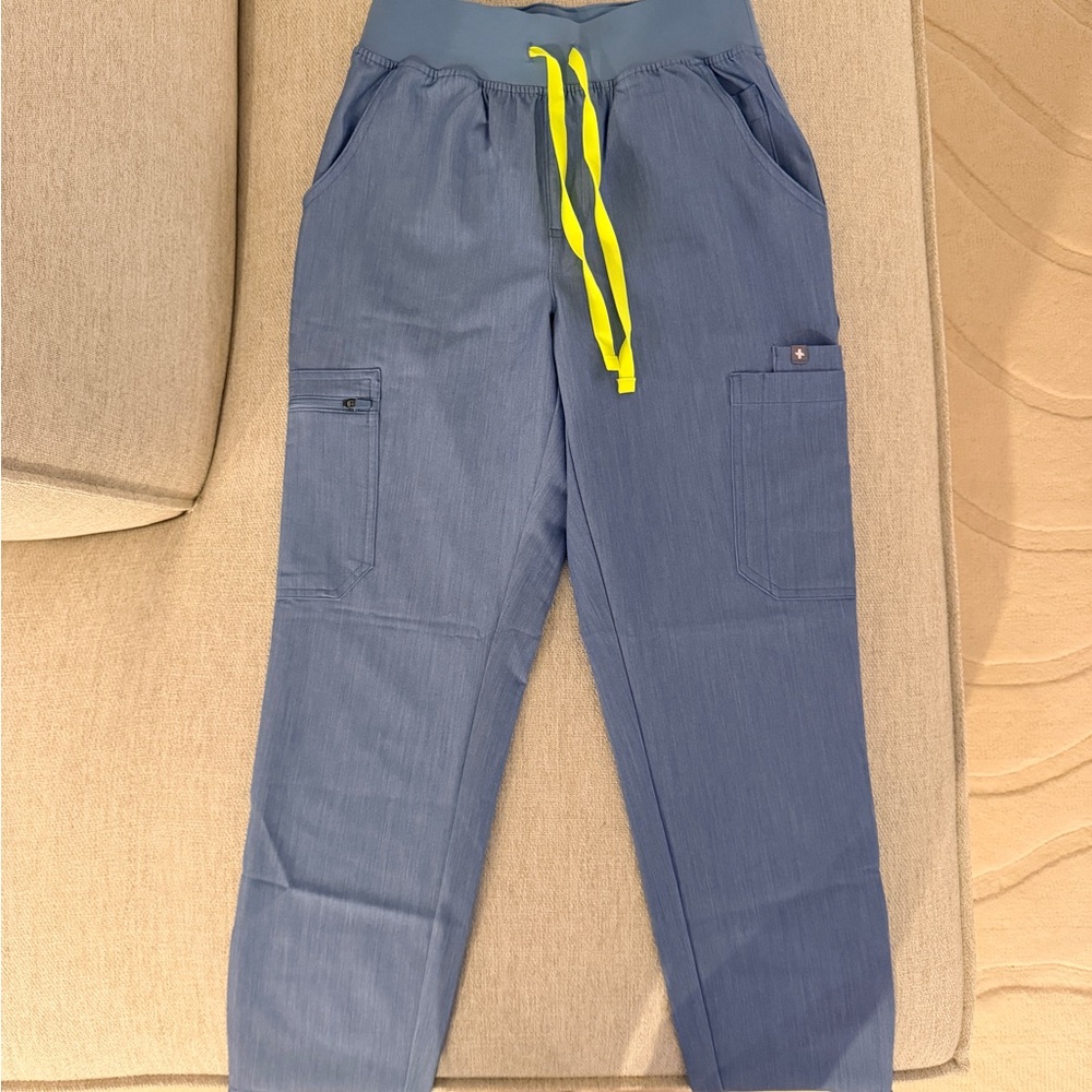 FIGS Yola Skinny Scrub Pants XS Petite Heather Indigo High Waisted Drawstring